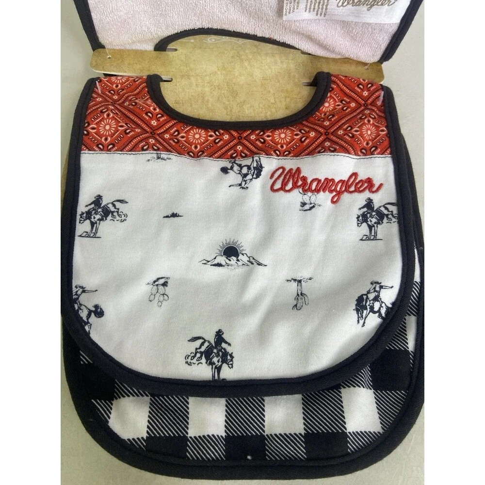 Wrangler Cowboy Cowgirl Cow Plaid Print Food Drool Bibs 3 Pack Infant Baby NEW